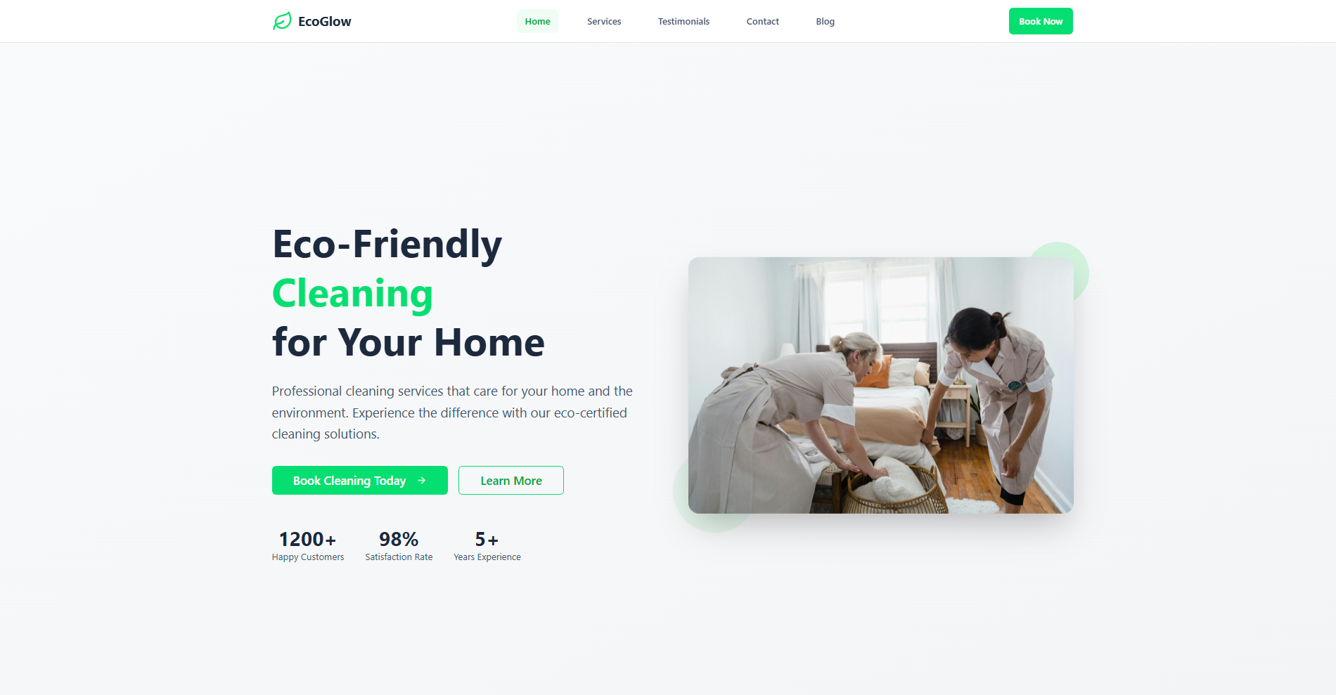 EcoGlow Cleaning website with eco-friendly branding and booking system
