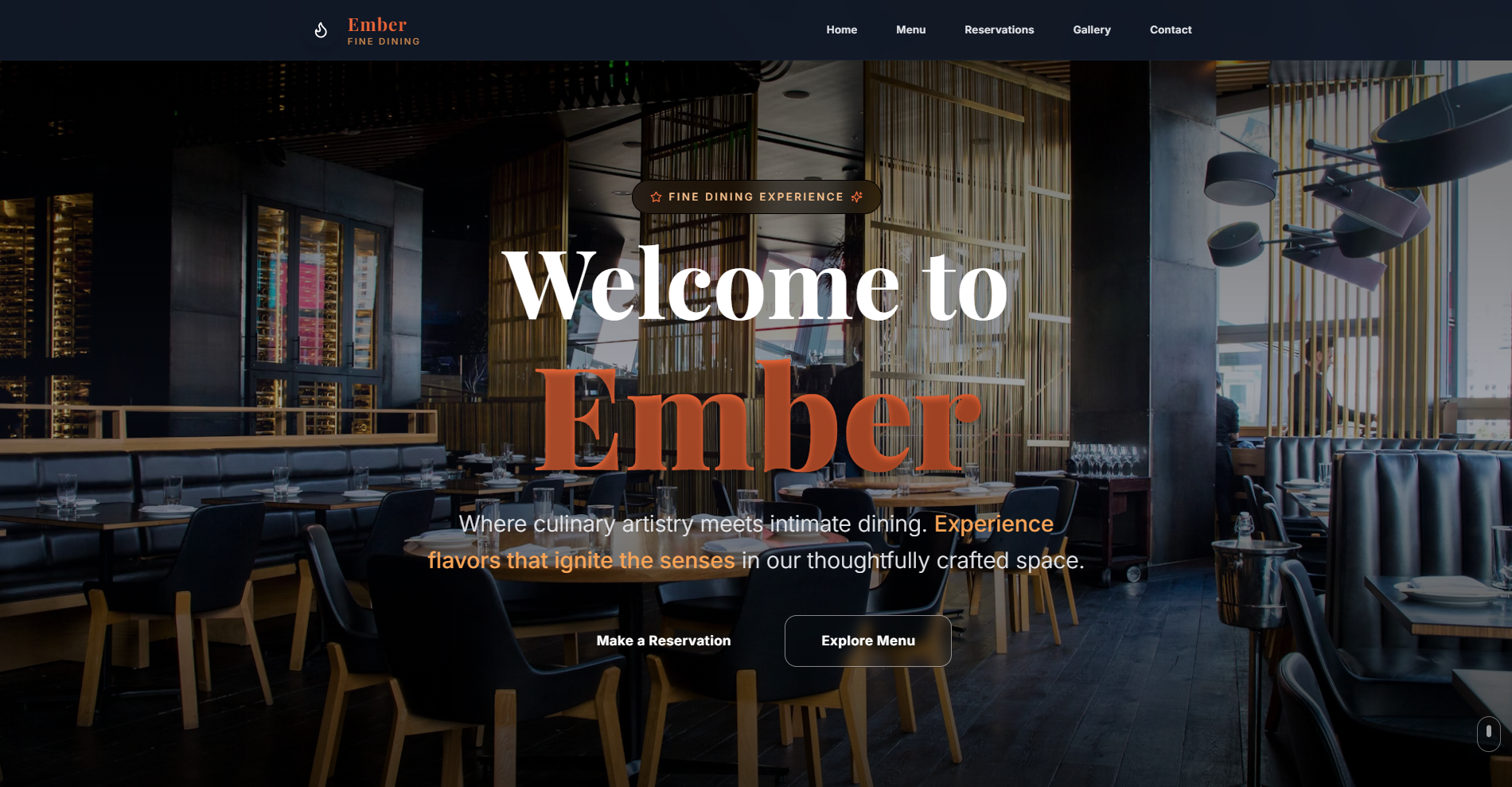 Ember Dining restaurant homepage design with modern dark theme
