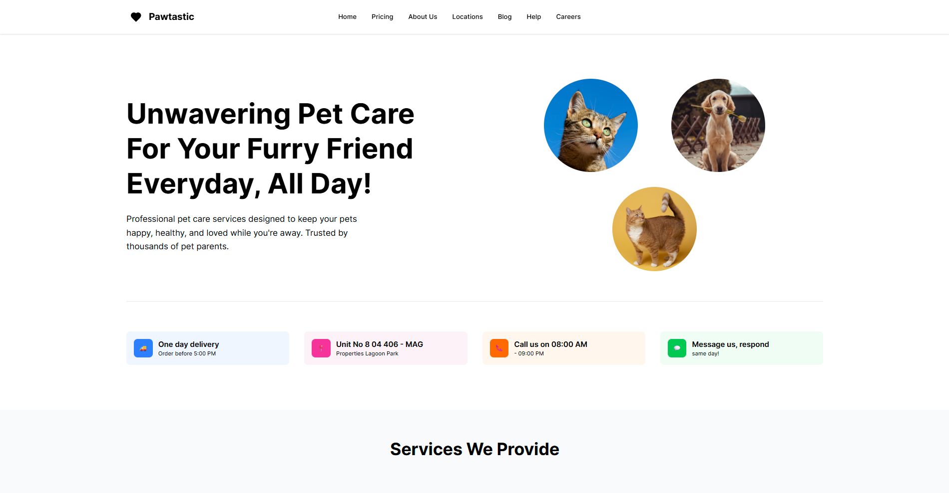 Pawtastic Pets website showcasing pet care services and playful branding